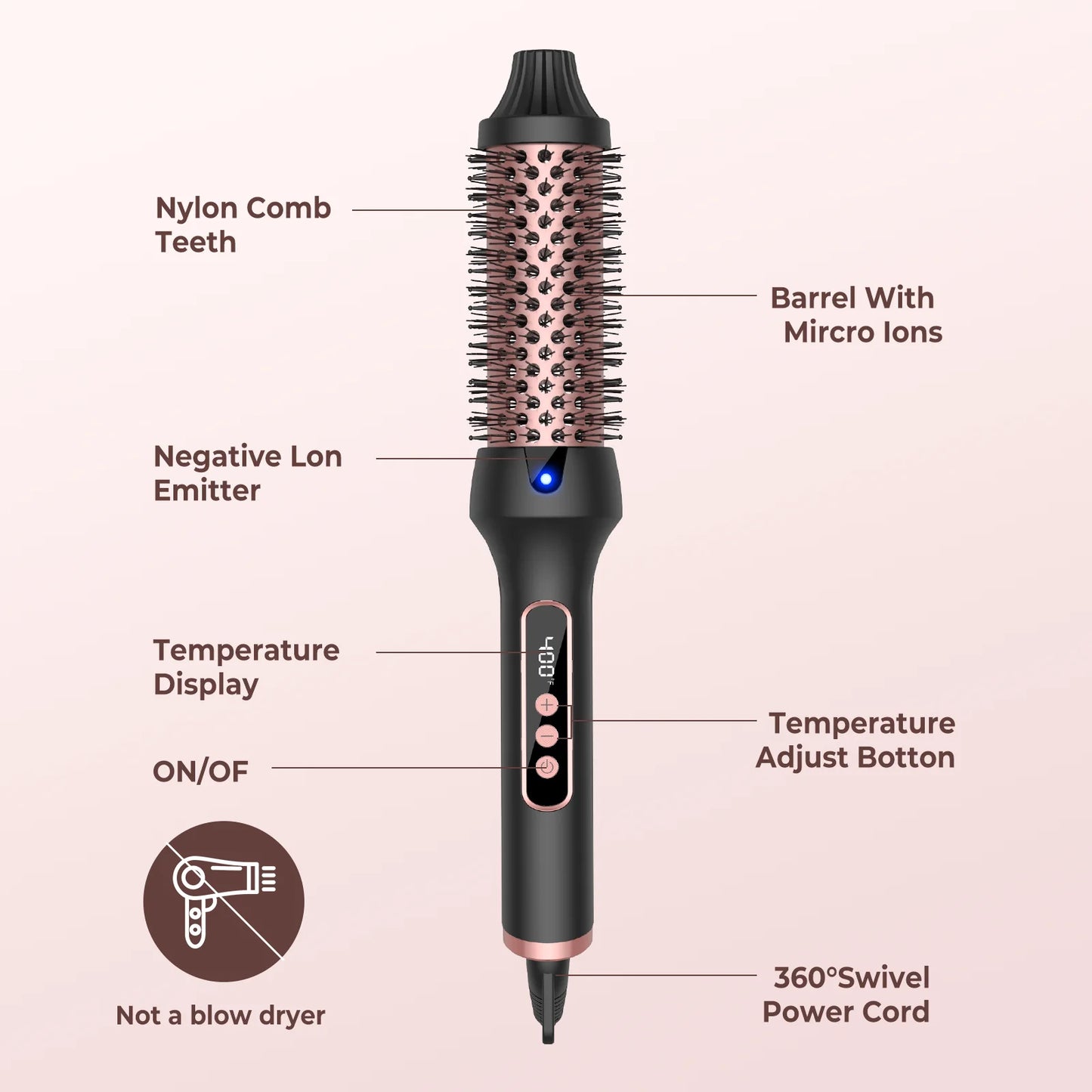 1.5 Inch Thermal Brush Create Loose & Volume Curls Heated Curling Iron Brush 9 Heat Settings Ionic Hair Curler Curling Comb